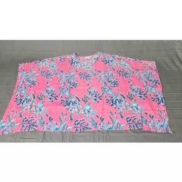 Belle by Kim Gravel Womens 5X Pink Tropical Print V-Neck Poncho Tunic Blouse - Front