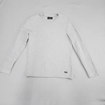 Bershka Mens L Light Gray Waffle Knit Long Sleeve T-Shirt Crew Neck Solid - Front