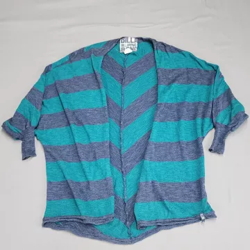 Billabong Womens M Cardigan Sweater Teal Blue Striped Open Front Dolman Knit - Front