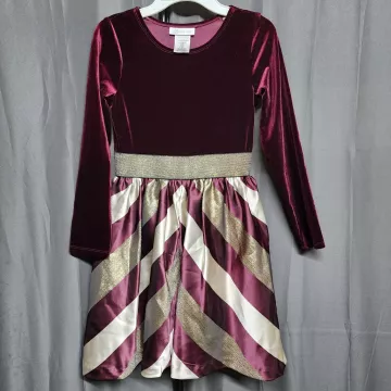 Bonnie Jean Girls 10 Burgundy Velvet Metallic Striped A-Line Dress Long Sleeve - Front