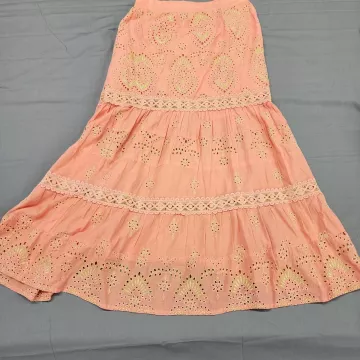 Boston Proper Womens S Peach Cotton Tiered Maxi Skirt Eyelet Gold Embroidery - Front