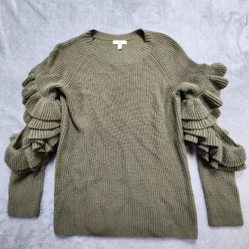 BP. Sweater Size M Olive Green Ruffled Sleeve Ribbed Knit Crew Neck Cotton Blend - Front