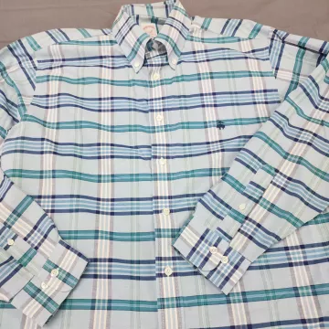 Brooks Brothers Madison Fit Non-Iron Shirt Mens L Blue Plaid Supima Cotton - Main