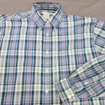 Brooks Brothers Madison Shirt Mens L Blue Green Plaid Non Iron Supima Cotton - Main
