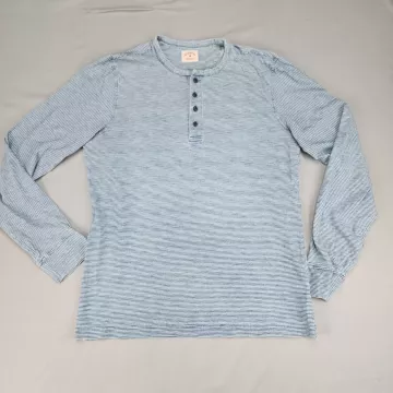 Brooks Brothers Red Fleece Henley Shirt Men's L Blue Striped Long Sleeve Cotton - Front