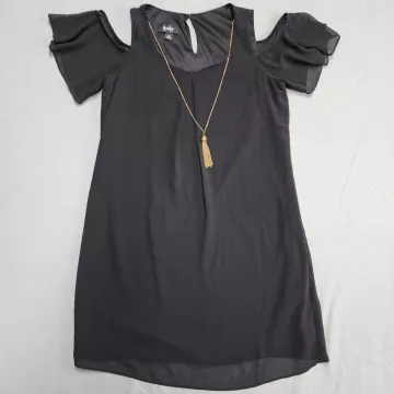 By and By Womens Dress M Black Cold Shoulder Ruffle Shift Lined With Necklace - Front
