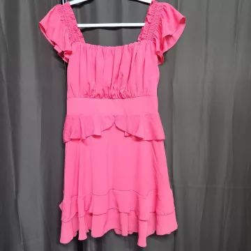 Byinns Womens L Pink Tiered Ruffle Mini Dress Square Neck Smocked Short Sleeve - Front