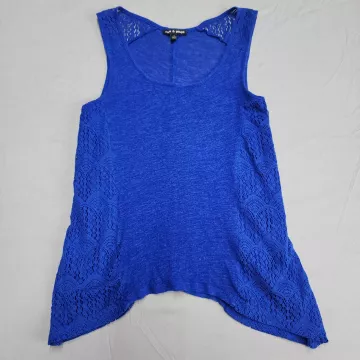 Cale and Gauge Womens S Tank Top Blue Linen Blend Lace Side Sharkbite Hem - Front
