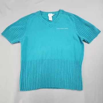 Calvin Klein Jeans Women L Teal Short Sleeve V-Neck Ribbed Cotton Knit Sweater - Front