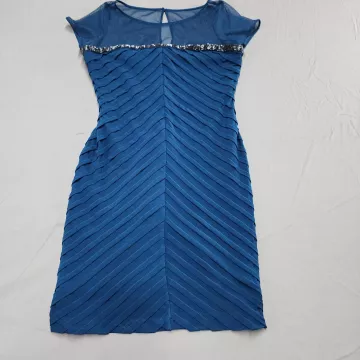 Calvin Klein Navy Blue Sheath Dress Womens Size 12 Mesh Yoke Sequin Pleated - Front