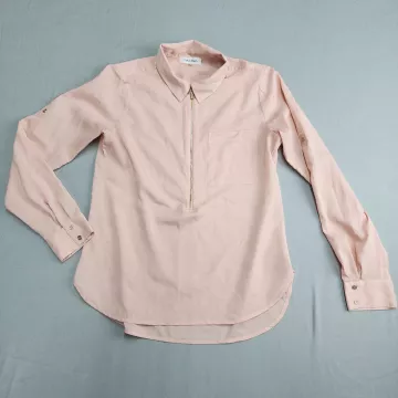 Calvin Klein Womens Blouse XS Light Pink Half Zip Roll Tab Sleeve Pocket Top - Front