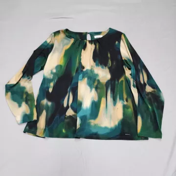 Calvin Klein Womens L Abstract Pleated Keyhole Blouse Long Sleeve Green Stretch - Front