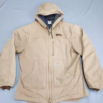 Carhartt Mens XL Tall Tan Canvas Hooded Work Jacket Fleece Lined Parka