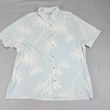 Caribbean Mens XL Light Blue Tropical Palm Tree Hawaiian Button Up Shirt Modal - Front