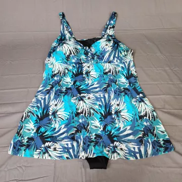 CATHERINE'S Swimdress One Piece Swimsuit 34W Plus Blue Teal Floral Skirted - Front