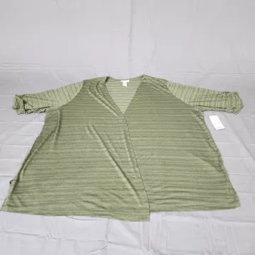 Catherines 4X Plus Olive Green Open Front Cardigan Sweater Short Sleeve Striped - Front