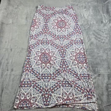 Cato Maxi Skirt Womens Medium Floral Medallion Pink Blue Stretch Side Slit Long - Front