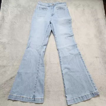 Ceros Womens High Rise Flare Jeans Light Blue Stretch Patch Pockets Size 32x33 - Front