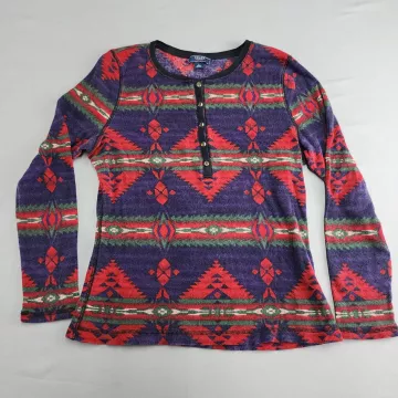 CHAPS DENIM Henley Shirt Women's S Multicolor Geometric Waffle Knit Long Sleeve - Front