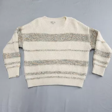 Charmed Hearts Sweater Womens Small Ivory Striped Metallic Knit Pullover - Front