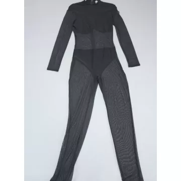 Cherie Los Angeles Black Sheer Mesh Jumpsuit Womens L Long Sleeve Mock Neck - Front