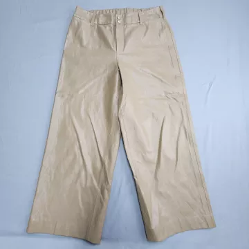 Chico's Faux Leather Wide Leg Pants Women's Size 10 1.5R Beige High Rise Coated - Front