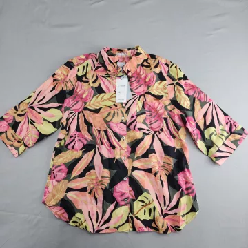 Chico's Tropical Print Linen Blouse Women's L Pink Yellow Black 3/4 Sleeve NO IR - Front