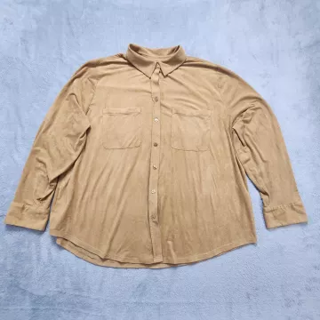 Chico's Womens Size 3 XL Beige Faux Suede Button Up Shirt Long Sleeve Stretch - Front