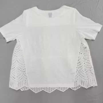 Chicos Size 3 XL White Eyelet Knit Top Short Sleeve Scalloped Hem Cotton - Front