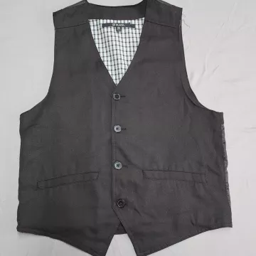 CJ Black Mens Medium Charcoal Herringbone Button Front Dress Vest Plaid Lined - Front