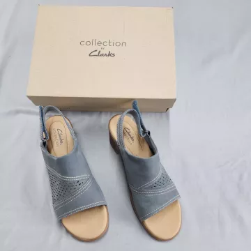 Clarks Collection Wedge Sandals Women's 7.5 Wide Blue Grey Leather Slingback - Main