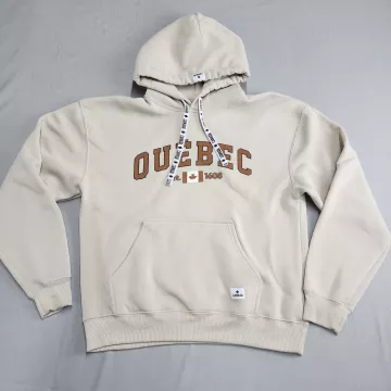 Clothing Co Canadian Vintage Quebec Graphic Hoodie Mens L Beige Pullover Fleece - Front