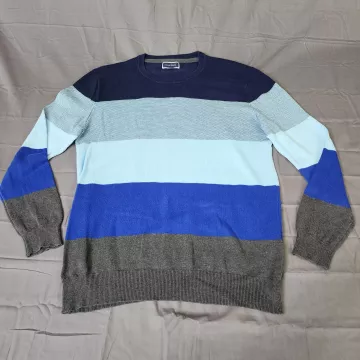 Club Room Men's L Sweater Blue Multicolor Striped Cotton Crew Neck Pullover - Front
