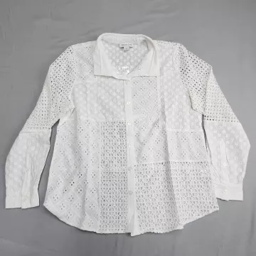 Coldwater Creek Womens White Cotton Eyelet Lace Patchwork Button Blouse Size M - Front