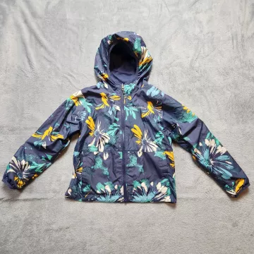 Columbia Reversible Jacket Youth M Navy Blue Floral Bird Hooded Windbreaker - Front