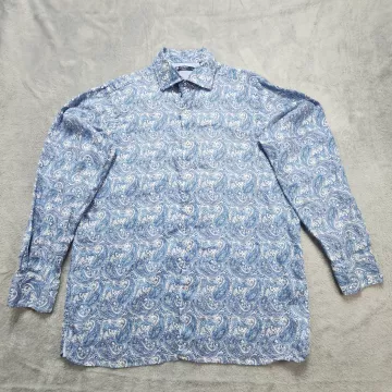 Cremieux Classics Linen Shirt Men's Large Blue Paisley Long Sleeve Button Up - Front