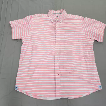 Cremieux Men's XL Pink Striped Short Sleeve Button Down Shirt Casual Cotton - Front