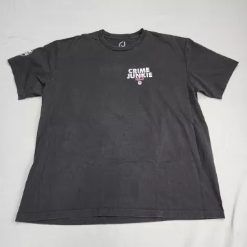 Crime Junkie Podcast Shirt Mens XL Black Graphic Tee Double Sided Sleeve Print - Front