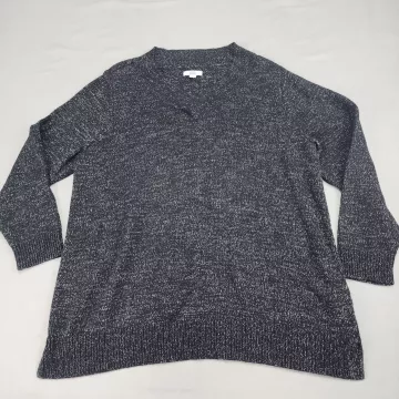 Croft & Barrow Women's Plus 2X Sweater V-Neck Black White Marled Cotton Blend - Front