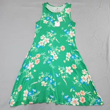 Cupio Dress Womens S Green Floral A-Line Sleeveless Scoop Neck Stretch - Front