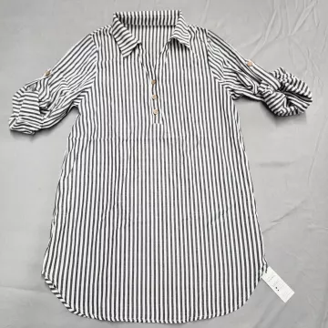 Cupshe Women's L Striped Tunic Top Black White V-Neck Roll Tab Sleeve Blouse - Front