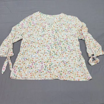 Cynthia Rowley Blouse Womens L Multicolor Floral Split Neck Tie Cuff Rayon Boho - Front