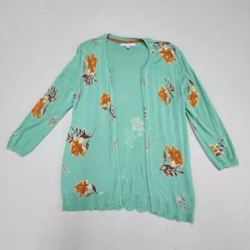 Daniel Rainn Cardigan Womens M Green Floral Open Front Scalloped 3/4 Sleeve - Front