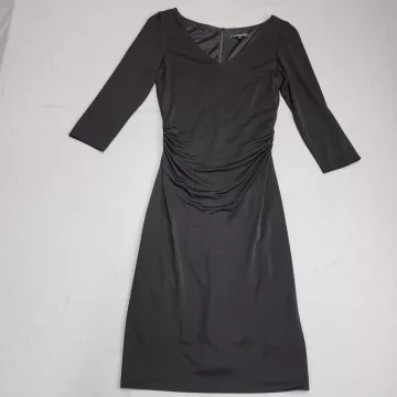 David Meister Womens Size 10 Black Ruched Sheath Dress V-Neck 3/4 Sleeve Midi - Front
