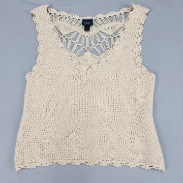 Daytrip Womens L Cream Ivory Crochet Tank Top V-Neck Scalloped Hem Sleeveless - Front