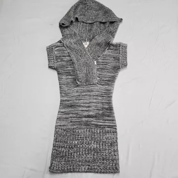 Decree Womens S Gray Marled Knit Hooded Half Zip Short Sleeve Sweater Dress - Front