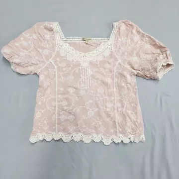 Democracy Peasant Blouse Womens Small Pink Embroidered Lace Square Neck Top - Front