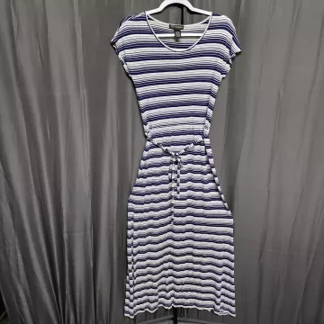 Design 365 Dress Womens M Navy Blue White Striped Short Sleeve Midi Drawstring - Front