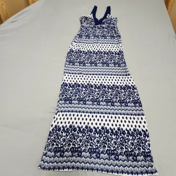 Design History Maxi Dress Womens S Blue White Geometric Floral Braided Strap - Front