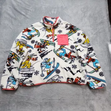 Disney Sherpa Fleece Pullover Jacket XL White Pink Mickey Skiing Quarter Zip AOP - Front